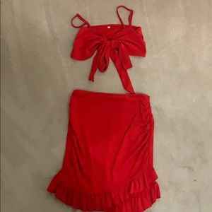 two piece red crop top and skirt set